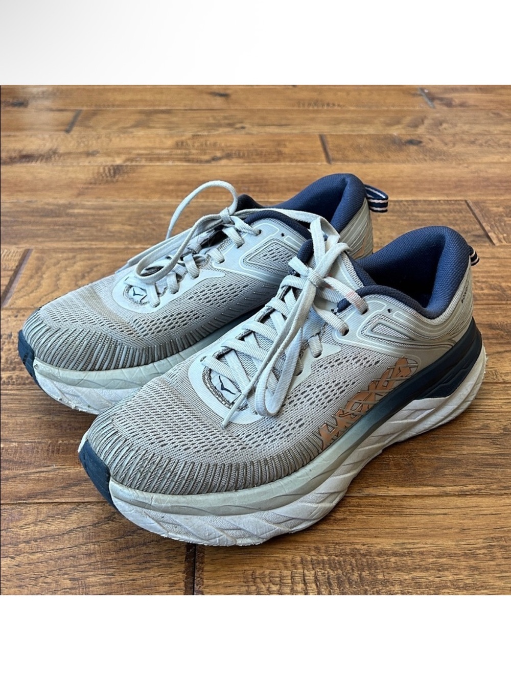 Hoka One One Women's Running Shoes in Light Gray, Navy, and Coral Accent - Picture 6 of 11